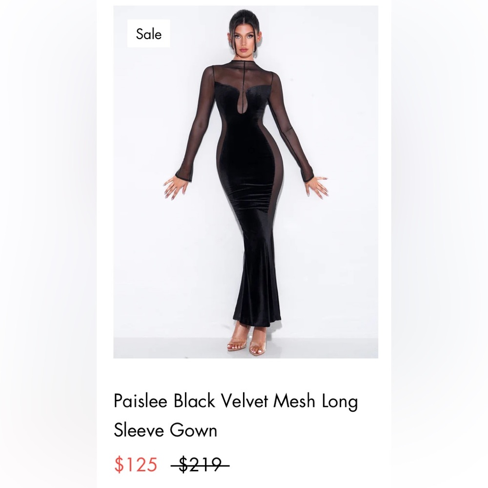 NWT Miss Circle Black velvet mesh long sleeve gown.